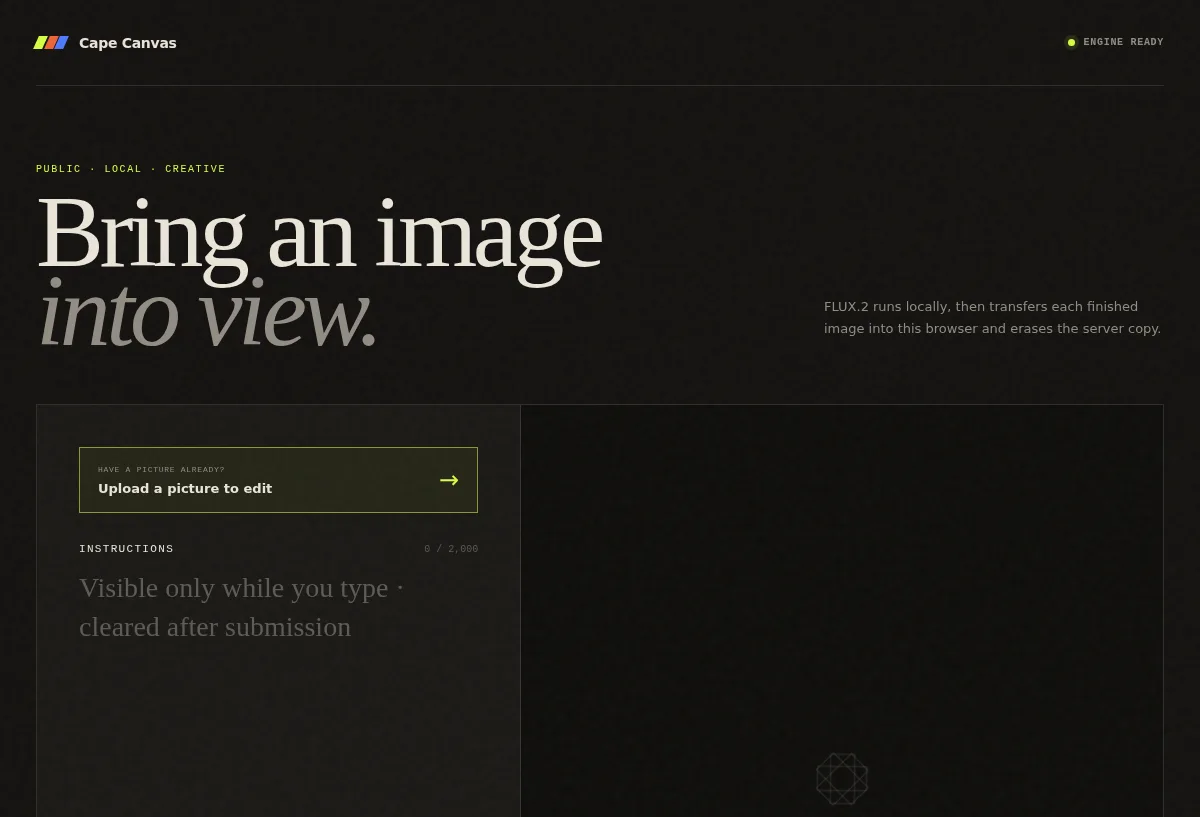 Cape Canvas public local AI image studio with its image editor, 4K controls, and empty result canvas