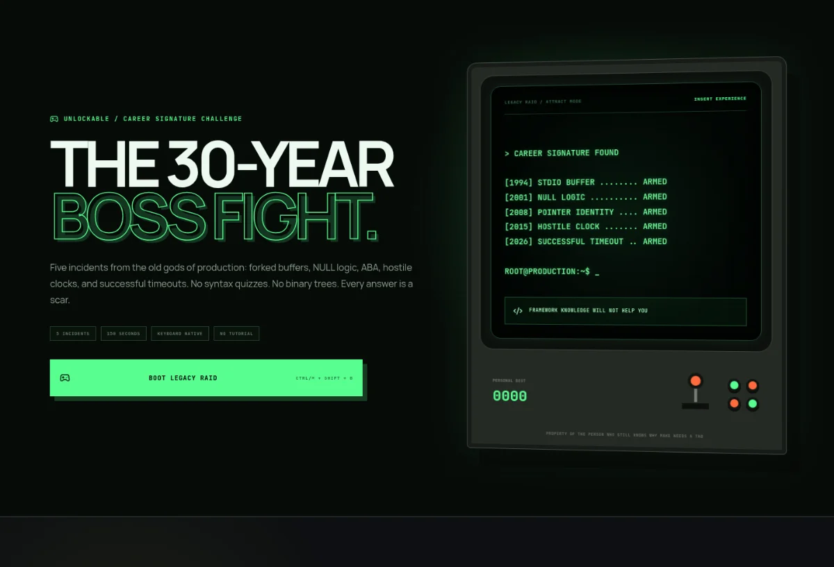 Continuity Engine veteran programmer boss fight presented as a green terminal arcade cabinet