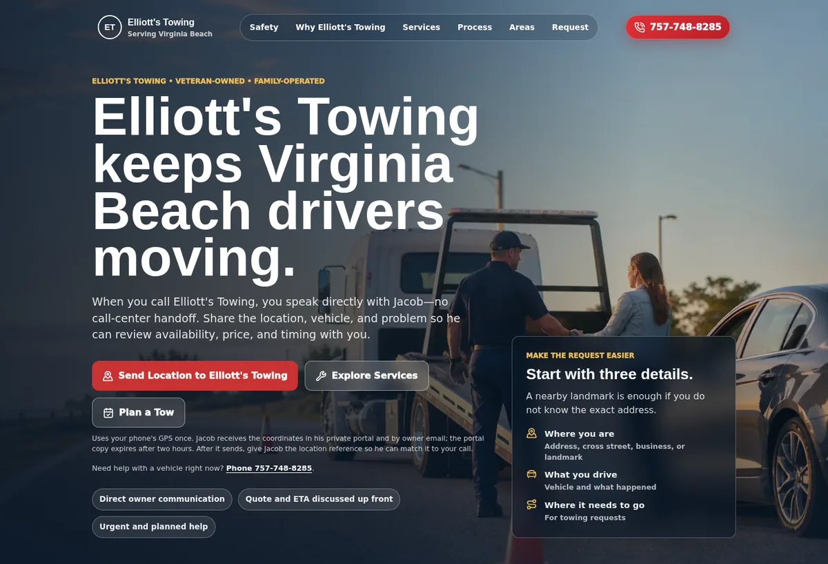 Elliott's Towing service-business website