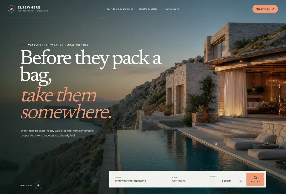 Elsewhere homepage with a cliffside Mediterranean villa and editorial vacation typography