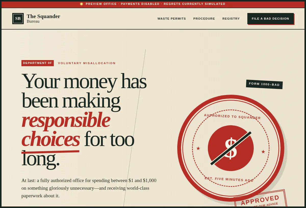 The Squander Bureau homepage with satirical government paperwork and an oversized red approval seal